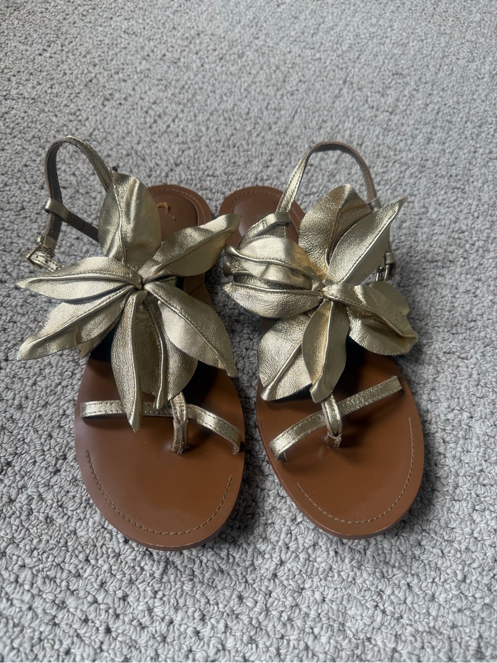 Zara Gold Floral Leather Thong Sandals Size 38 - Picture 2 of 9